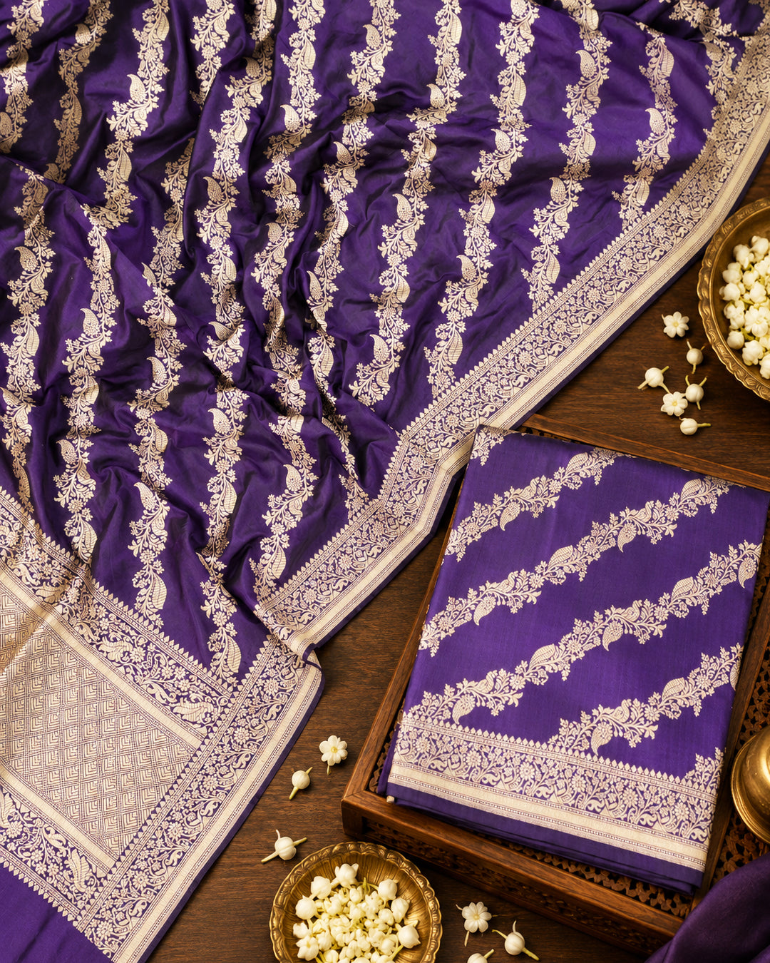 Purple Pure Katan Dupatta with Diagonal Floral Zari Bel Weaving