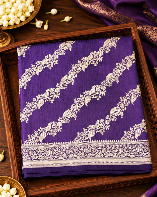 Purple Pure Katan Dupatta with Diagonal Floral Zari Bel Weaving