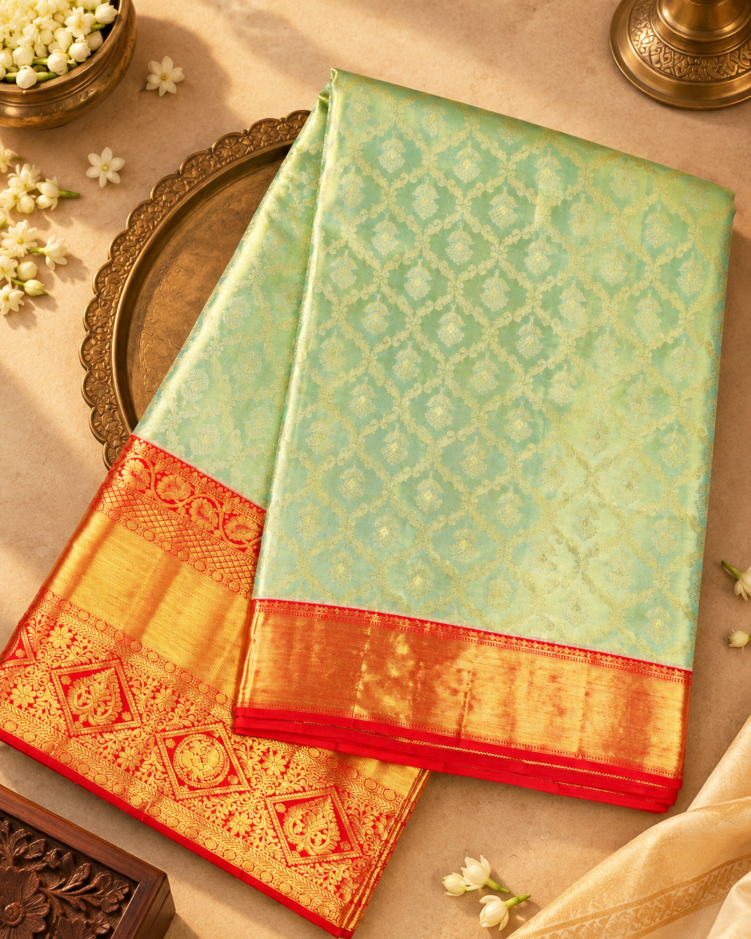 Mint Pure Kanjivaram Saree with Delicate Butidar Weaves