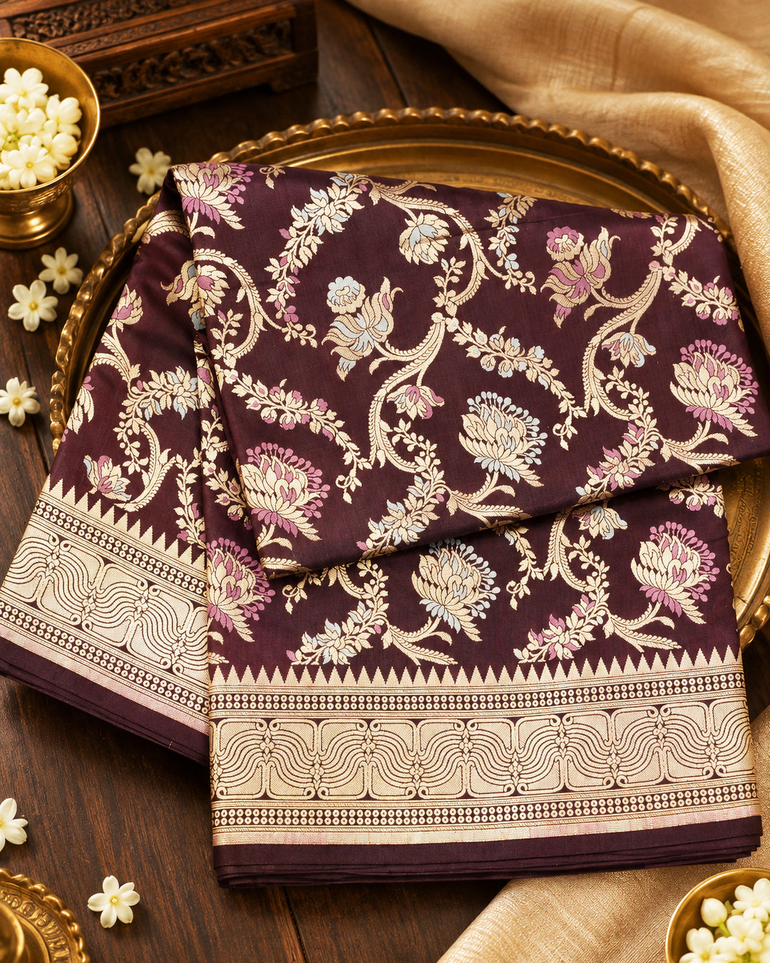 Deep Wine Pure Katan Saree with Floral Meenakari Jaal Weaving