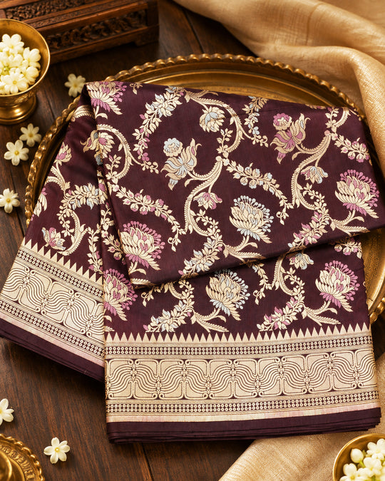 Deep Wine Pure Katan Saree with Floral Meenakari Jaal Weaving