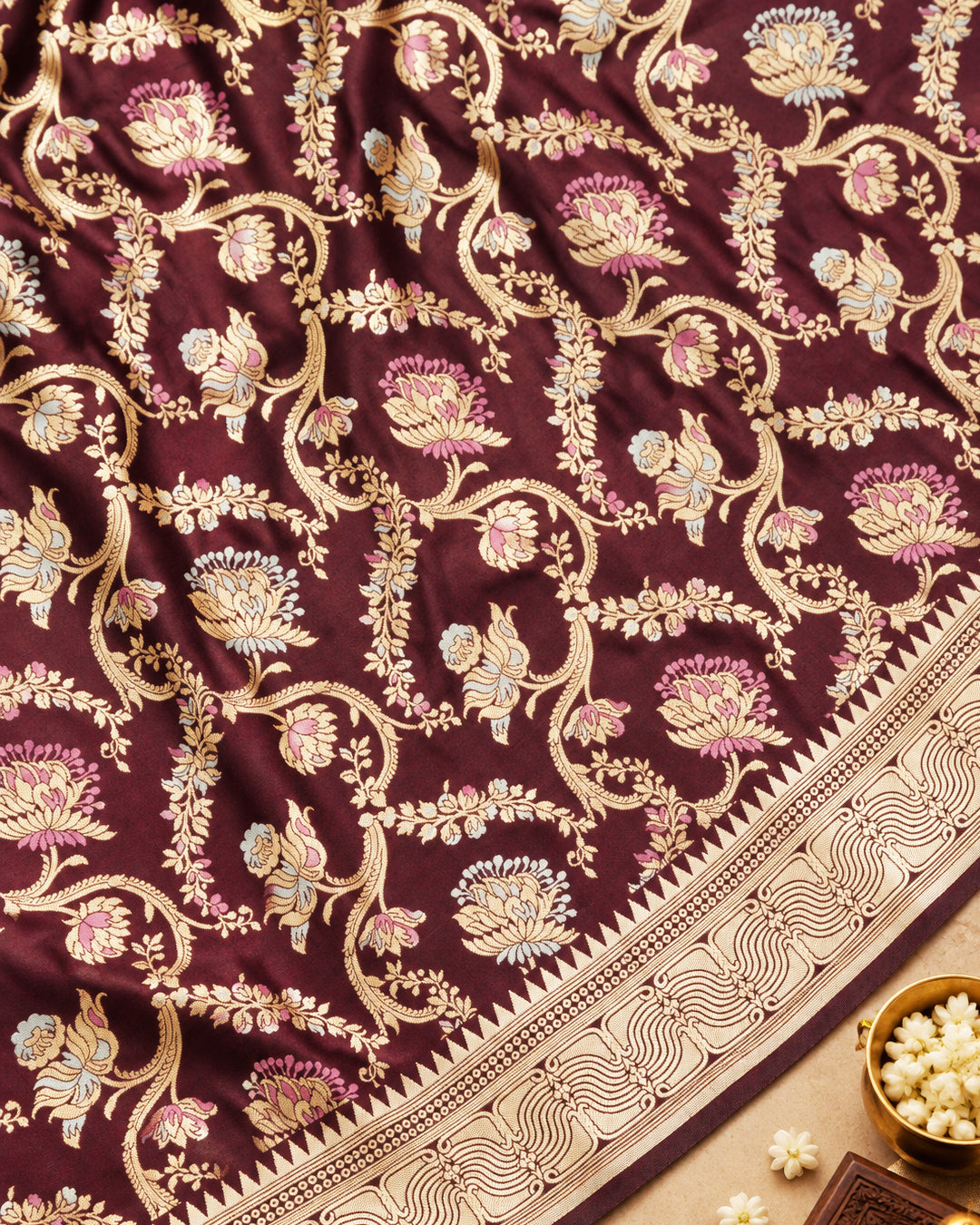 Deep Wine Pure Katan Saree with Floral Meenakari Jaal Weaving