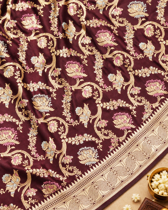 Deep Wine Pure Katan Saree with Floral Meenakari Jaal Weaving