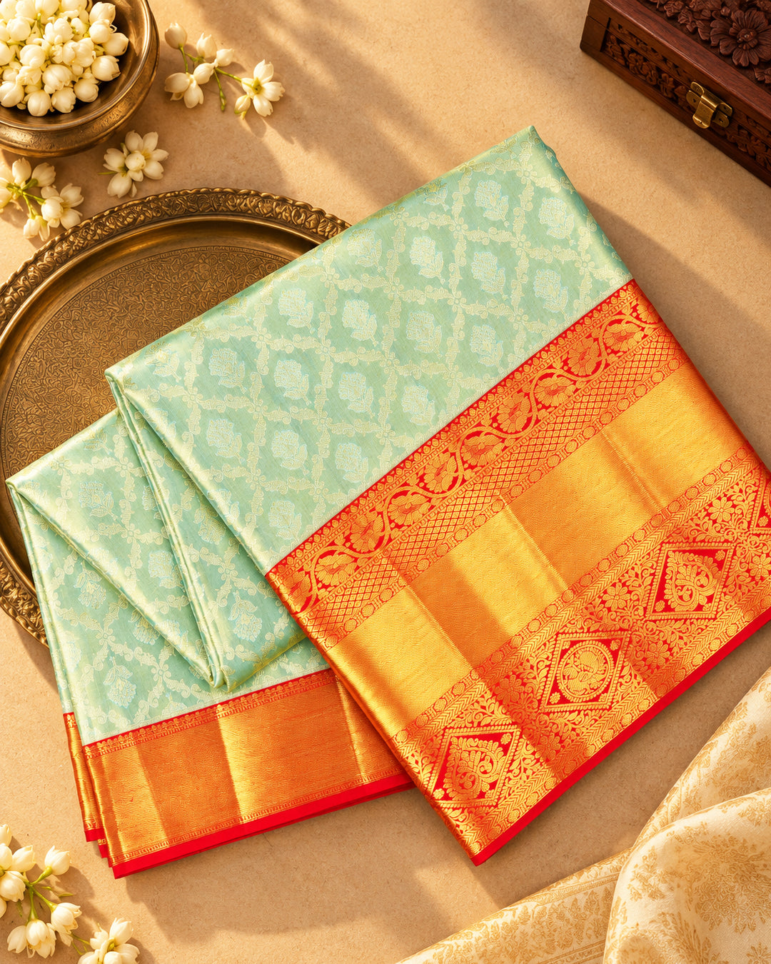 Mint Pure Kanjivaram Saree with Delicate Butidar Weaves