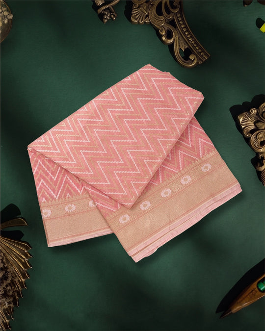 Peach Blush Pure Sooti Cotton Saree with Zig-Zag Pattern Weaves