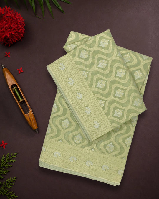Sage Green Pure Sooti Cotton Saree with Trellis Floral Weaves