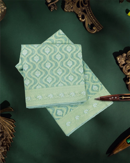 Sea Green Pure Sooti Cotton Saree with Artistic Geometric Floral Weaving
