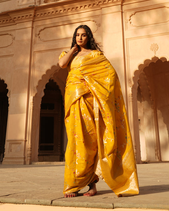 Marigold Blossom Pure Banarasi Silk Saree with Zari Border & Intricate Floral Design