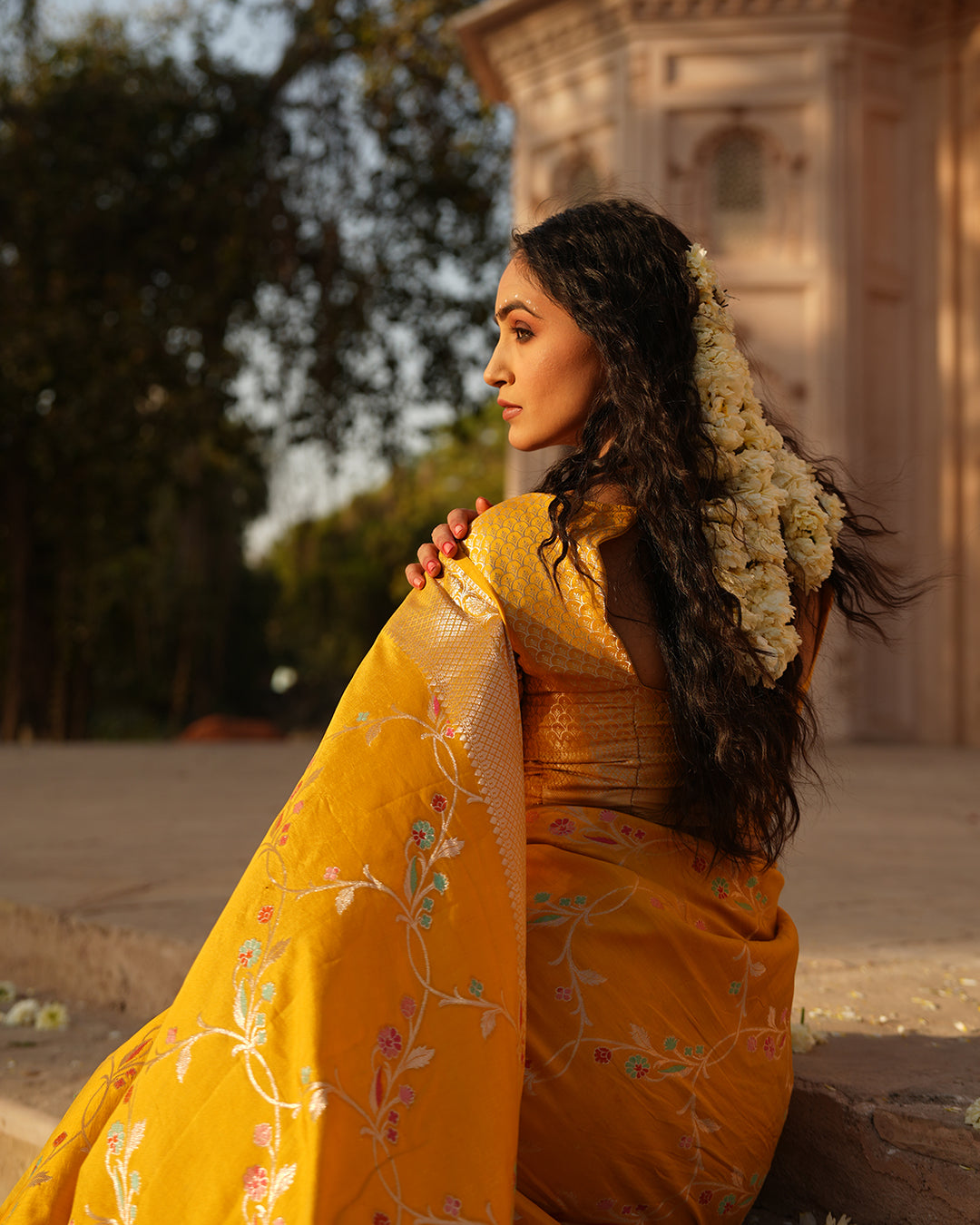 Marigold Blossom Pure Banarasi Silk Saree with Zari Border & Intricate Floral Design