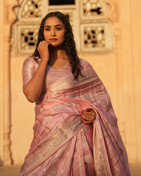 Carnation Pink Pure Katan Silk Saree with Exquisite Golden Jaal & Gilded Accents