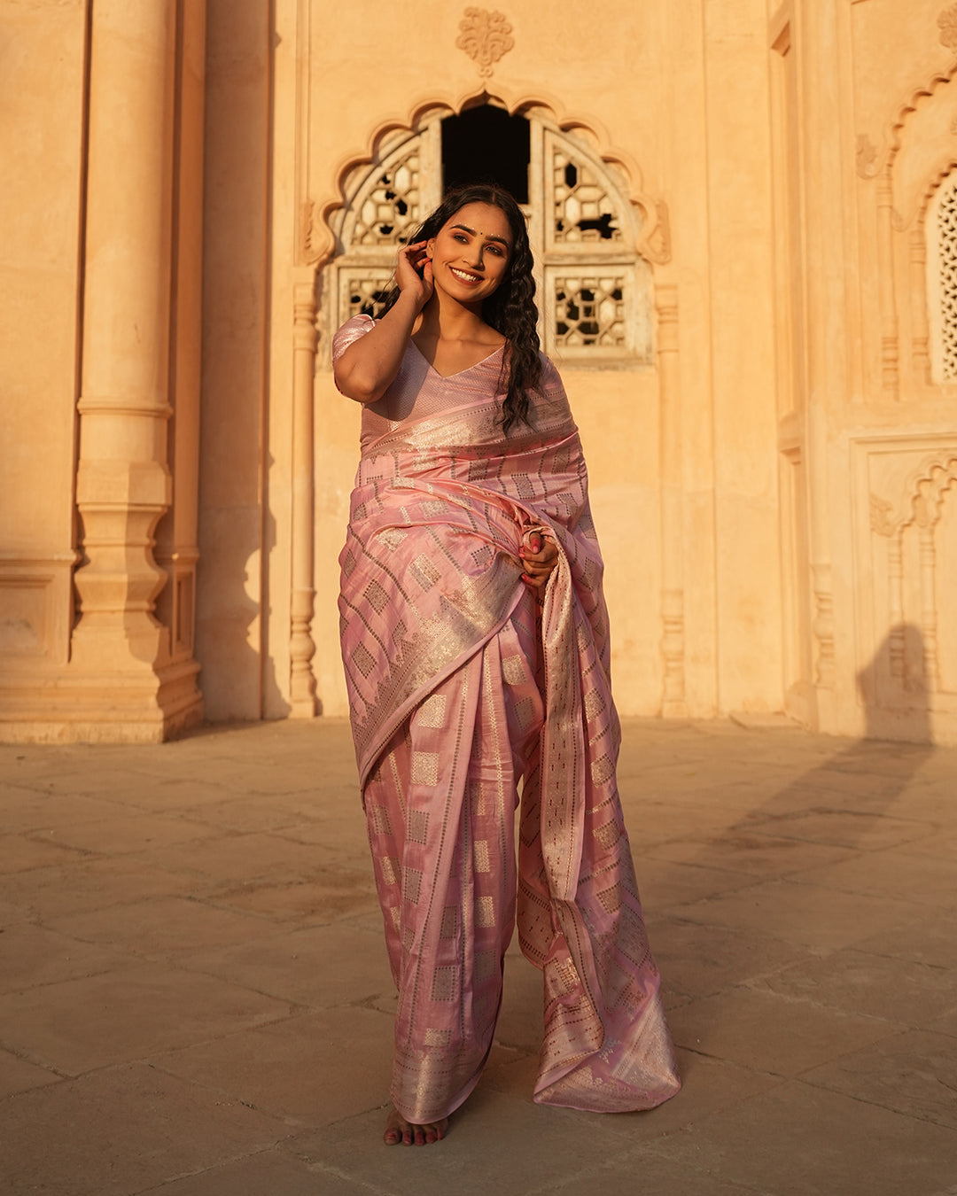 Carnation Pink Pure Katan Silk Saree with Exquisite Golden Jaal & Gilded Accents