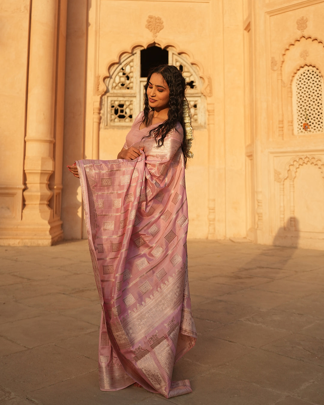 Carnation Pink Pure Katan Silk Saree with Exquisite Golden Jaal & Gilded Accents
