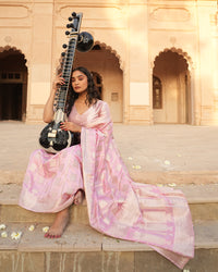 Carnation Pink Pure Katan Silk Saree with Exquisite Golden Jaal & Gilded Accents