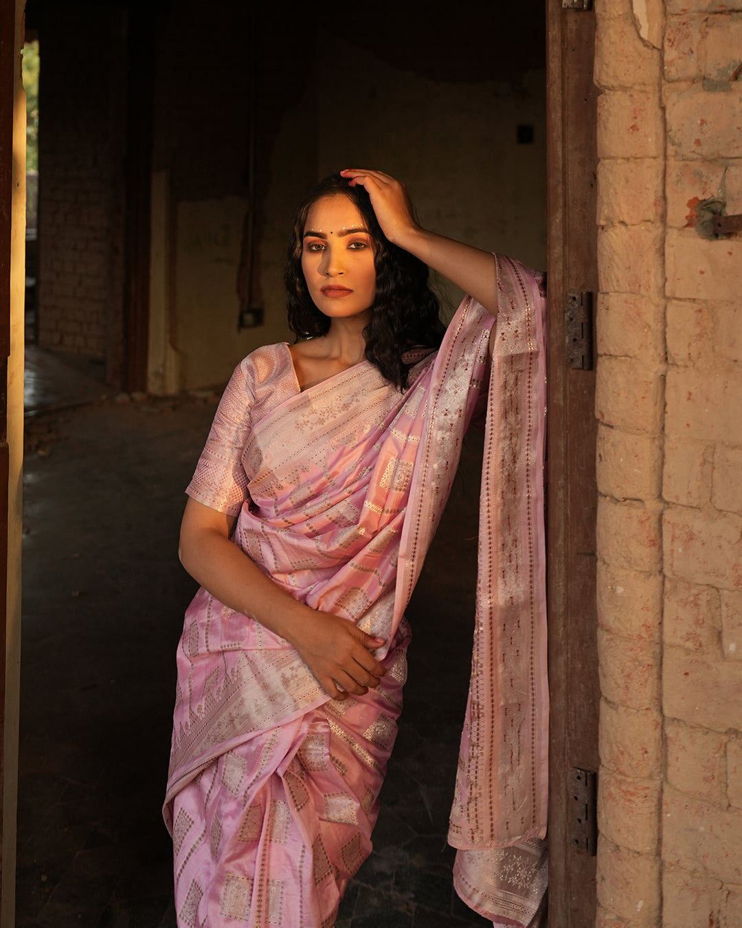 Carnation Pink Pure Katan Silk Saree with Exquisite Golden Jaal & Gilded Accents