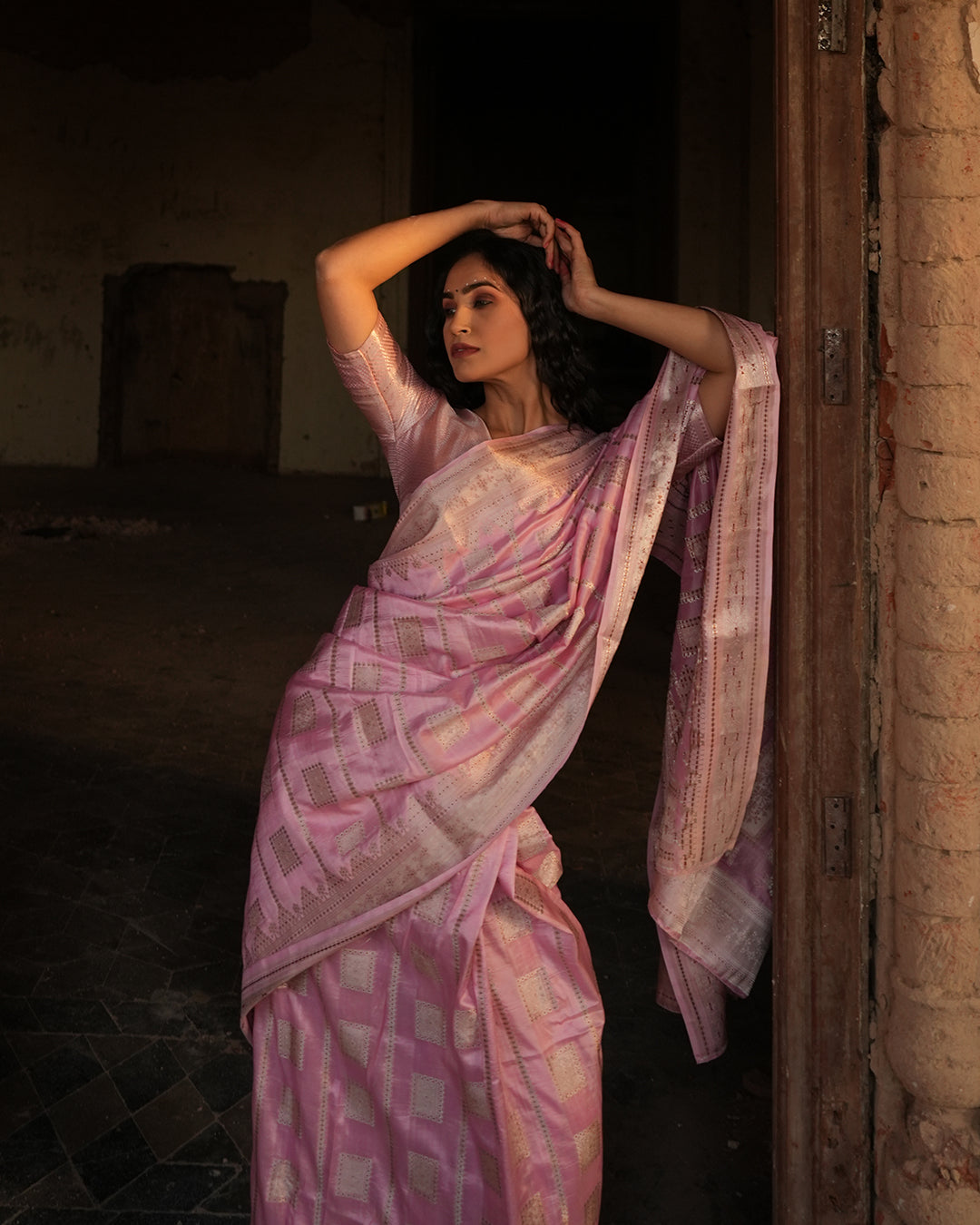 Carnation Pink Pure Katan Silk Saree with Exquisite Golden Jaal & Gilded Accents