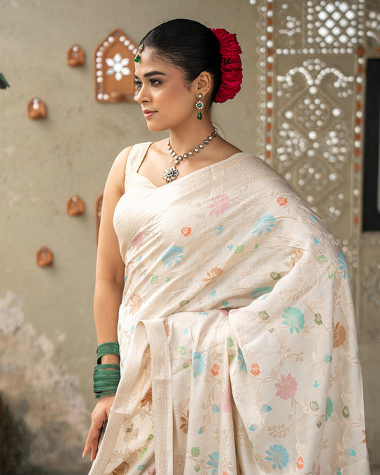Ivory Pure Banarasi Saree with Multicolor Meenakari Floral Artistry
