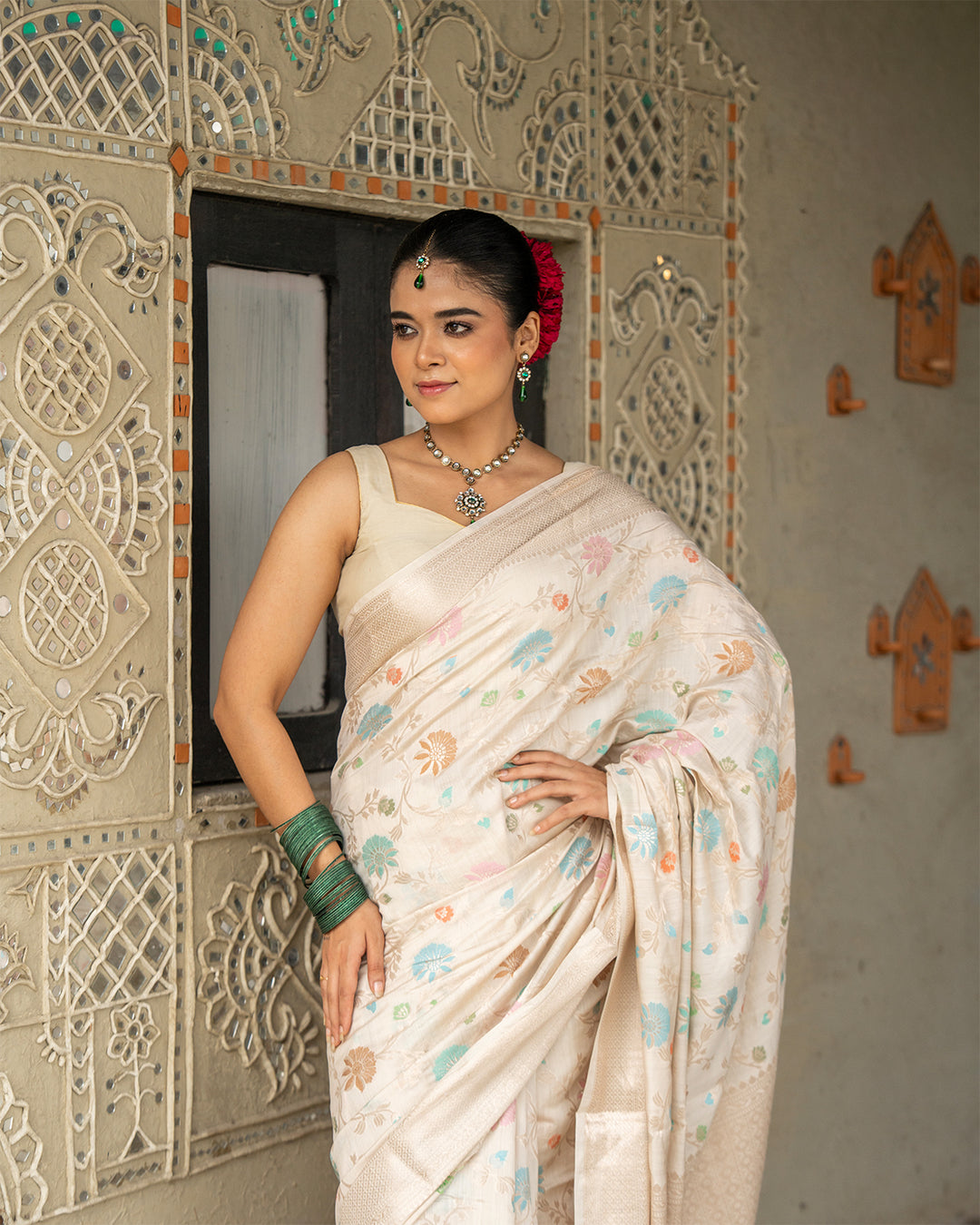 Ivory Pure Banarasi Saree with Multicolor Meenakari Floral Artistry