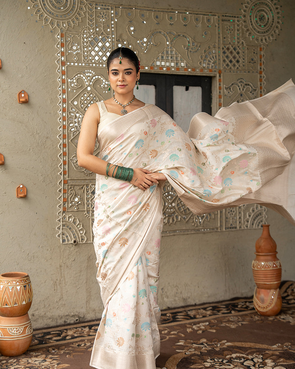 Ivory Pure Banarasi Saree with Multicolor Meenakari Floral Artistry