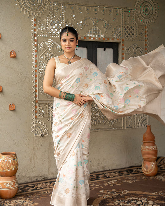 Ivory Pure Banarasi Saree with Multicolor Meenakari Floral Artistry