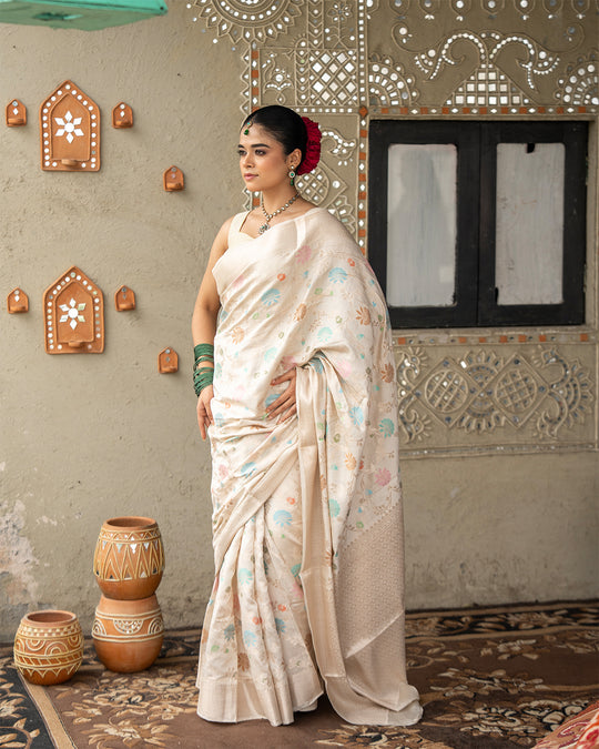 Ivory Pure Banarasi Saree with Multicolor Meenakari Floral Artistry