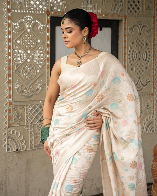 Ivory Pure Banarasi Saree with Multicolor Meenakari Floral Artistry