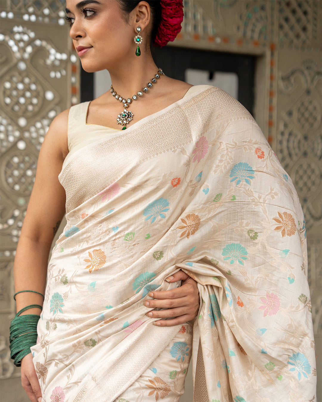 Ivory Pure Banarasi Saree with Multicolor Meenakari Floral Artistry