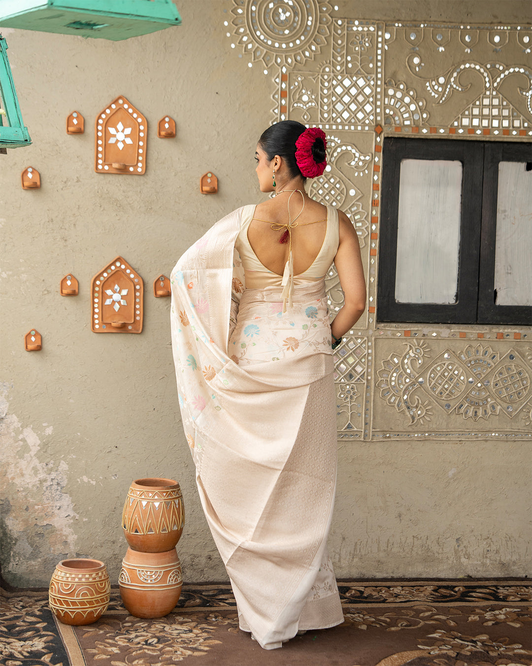 Ivory Pure Banarasi Saree with Multicolor Meenakari Floral Artistry