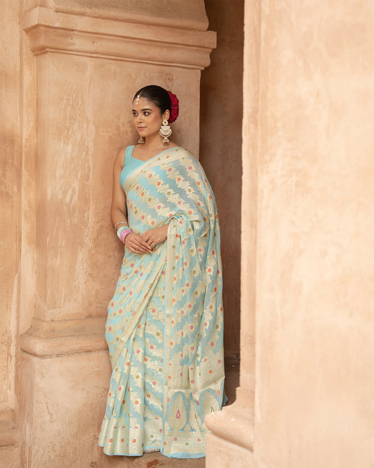 Aqua Blue Pure Chiffon Saree with Zig-Zag Weaves and Multi Floral Weaves