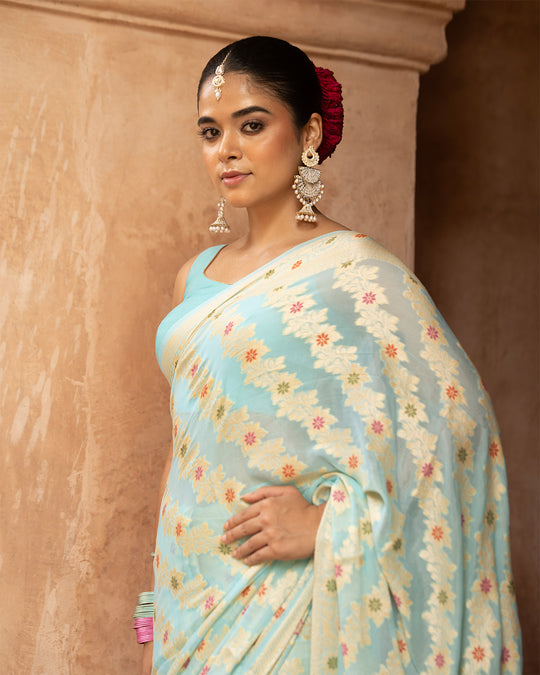Aqua Blue Pure Chiffon Saree with Zig-Zag Weaves and Multi Floral Weaves