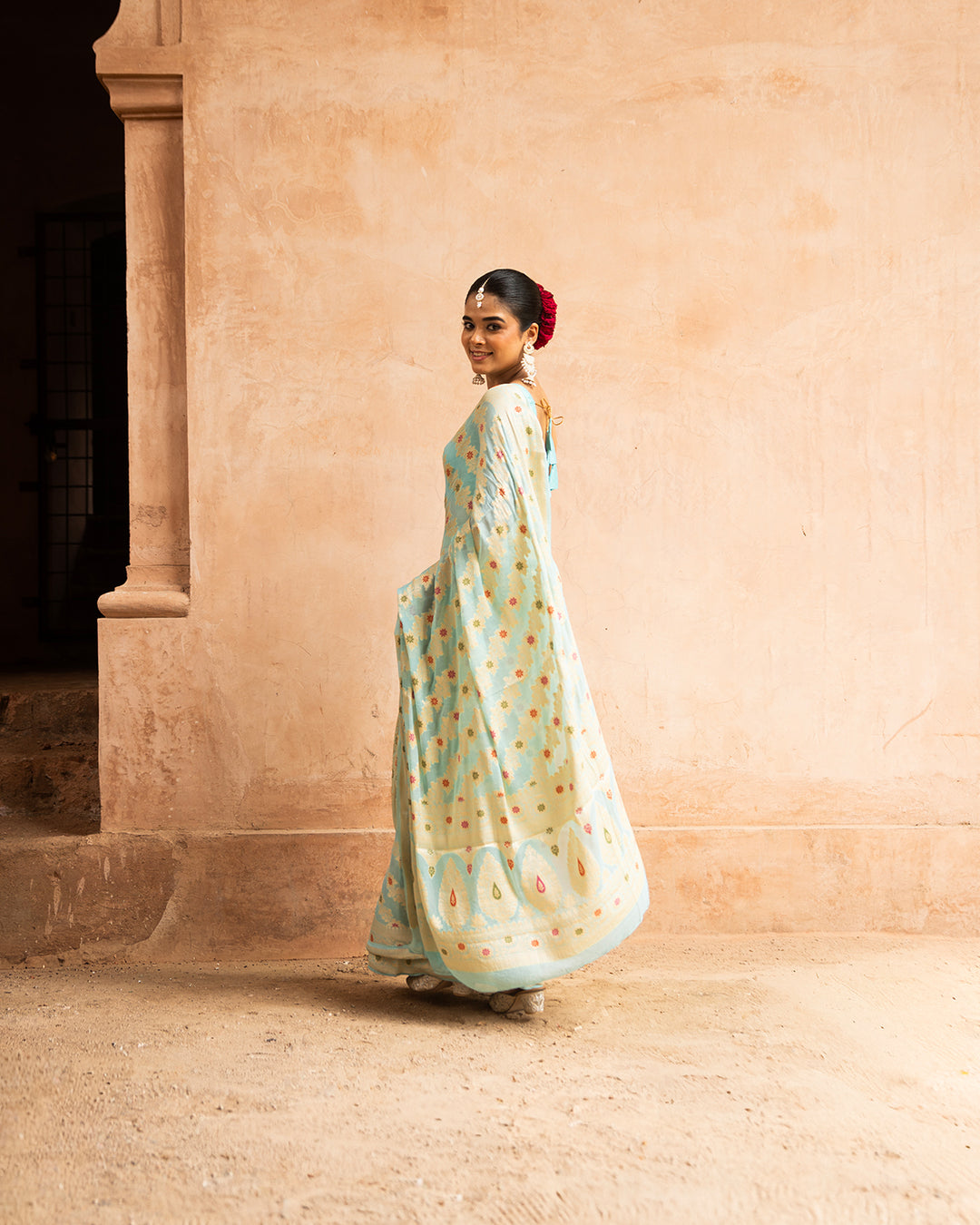 Aqua Blue Pure Chiffon Saree with Zig-Zag Weaves and Multi Floral Weaves