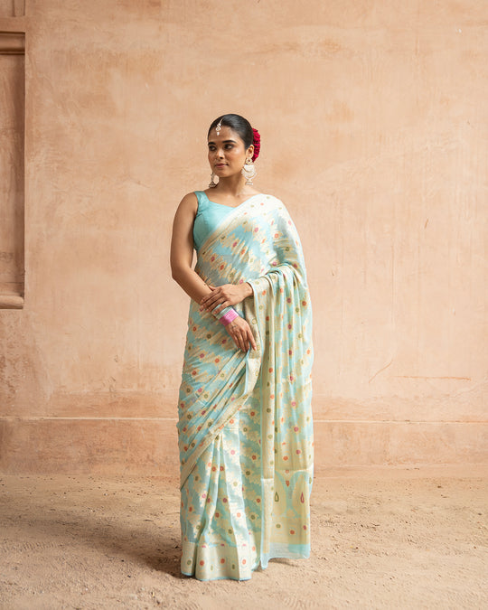 Aqua Blue Pure Chiffon Saree with Zig-Zag Weaves and Multi Floral Weaves