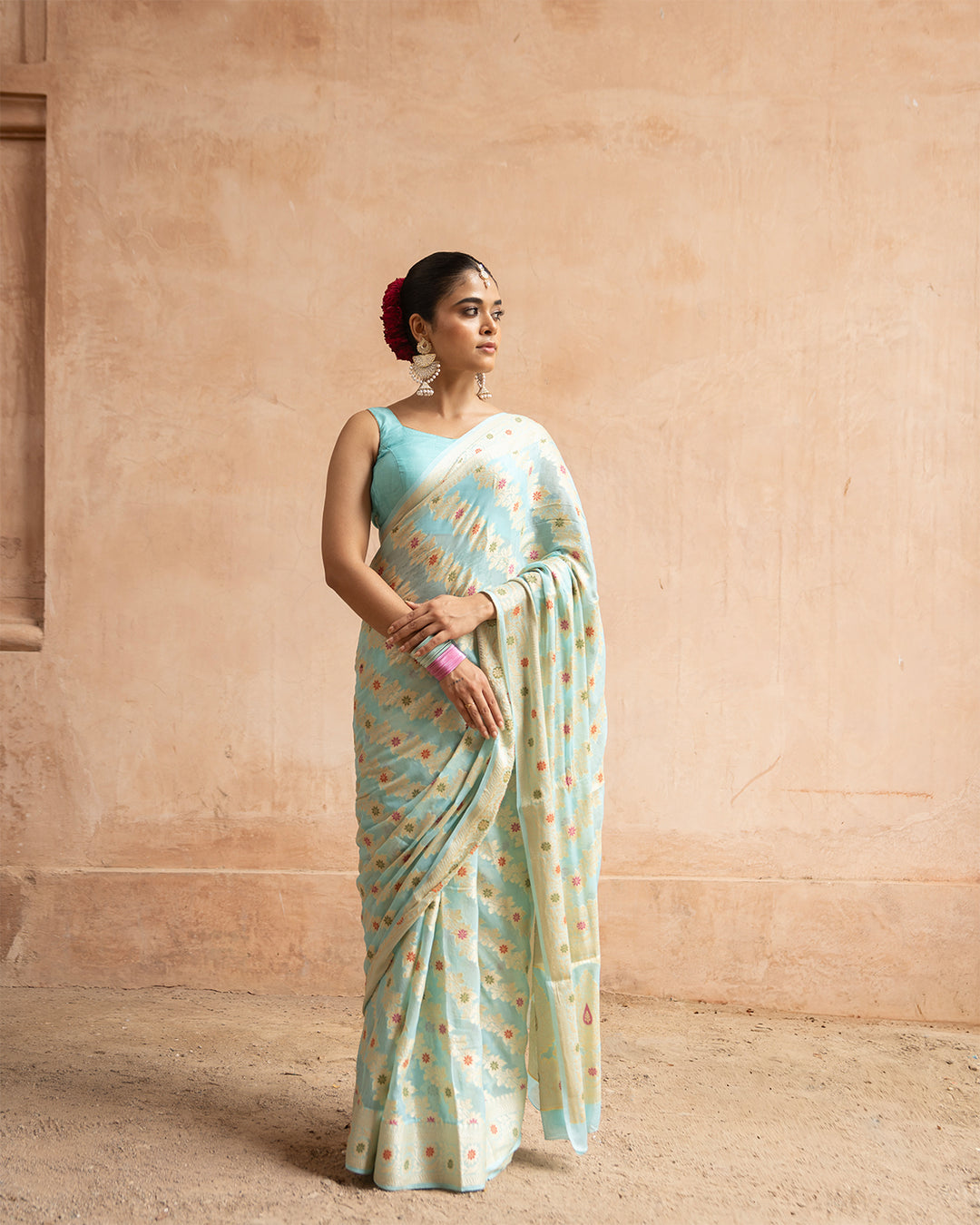 Aqua Blue Pure Chiffon Saree with Zig-Zag Weaves and Multi Floral Weaves