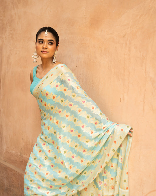Aqua Blue Pure Chiffon Saree with Zig-Zag Weaves and Multi Floral Weaves