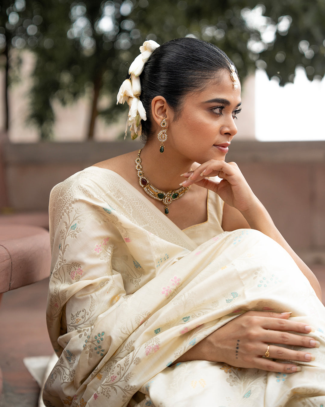 Ethereal Cream Pure Banarasi Saree with Pastel Brocade Floral Weaves