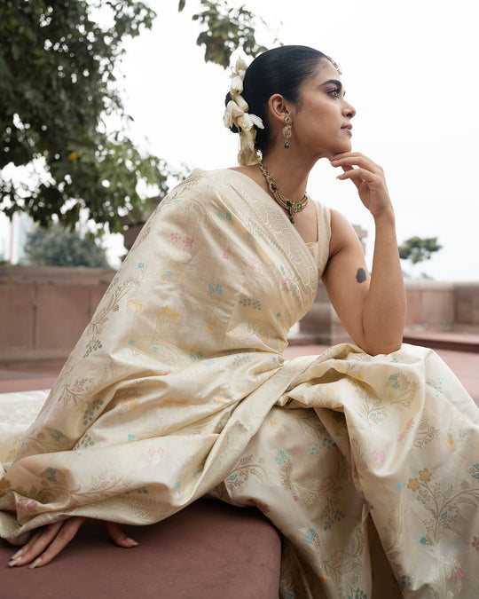 Ethereal Cream Pure Banarasi Saree with Pastel Brocade Floral Weaves