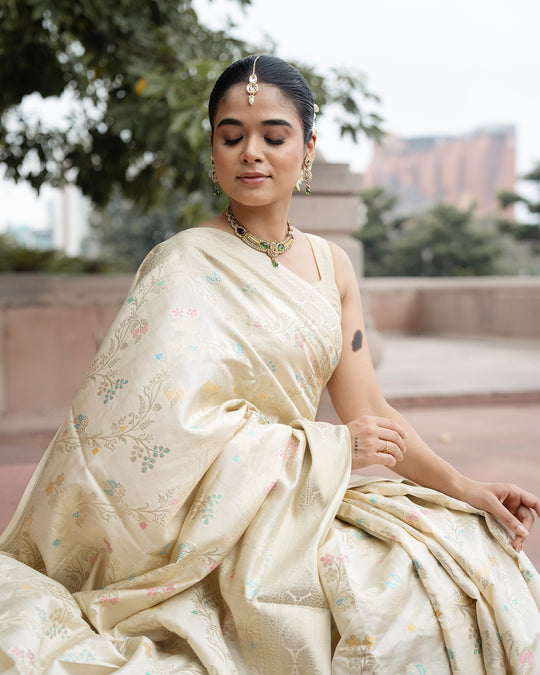 Ethereal Cream Pure Banarasi Saree with Pastel Brocade Floral Weaves