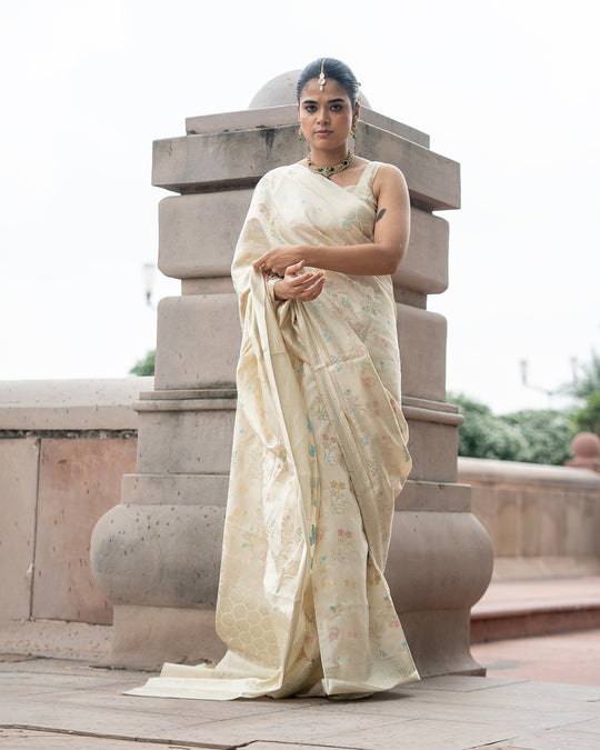 Ethereal Cream Pure Banarasi Saree with Pastel Brocade Floral Weaves