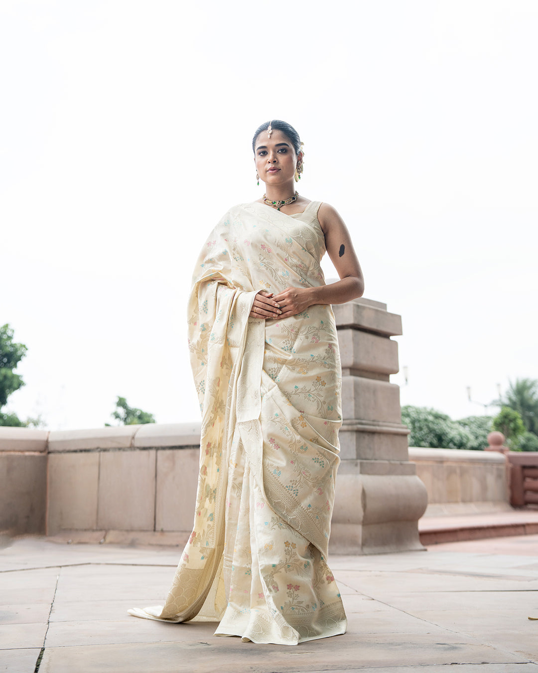 Ethereal Cream Pure Banarasi Saree with Pastel Brocade Floral Weaves