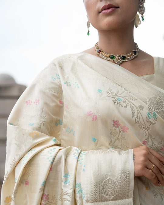 Ethereal Cream Pure Banarasi Saree with Pastel Brocade Floral Weaves
