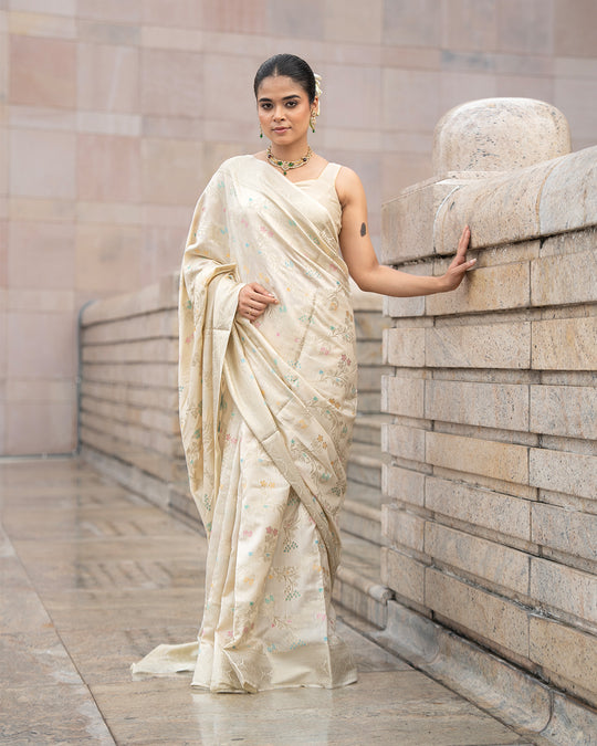Ethereal Cream Pure Banarasi Saree with Pastel Brocade Floral Weaves