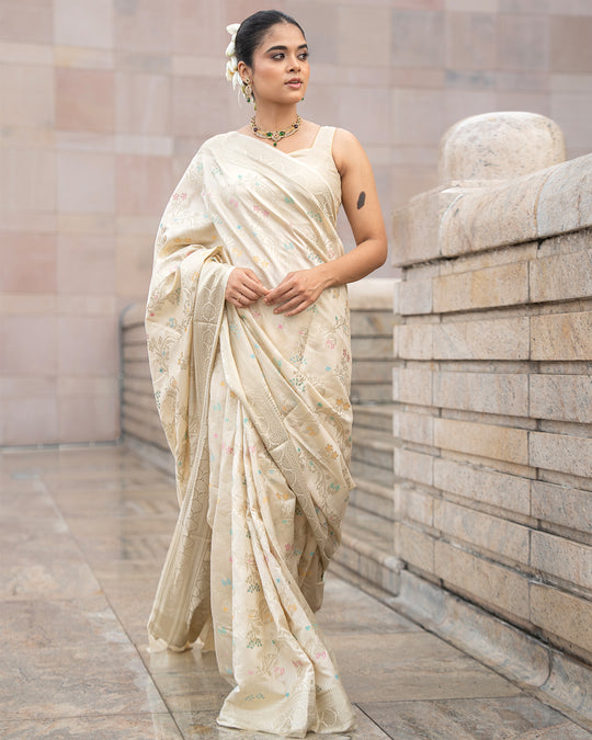 Ethereal Cream Pure Banarasi Saree with Pastel Brocade Floral Weaves