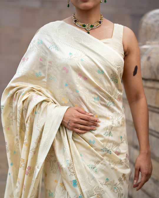 Ethereal Cream Pure Banarasi Saree with Pastel Brocade Floral Weaves