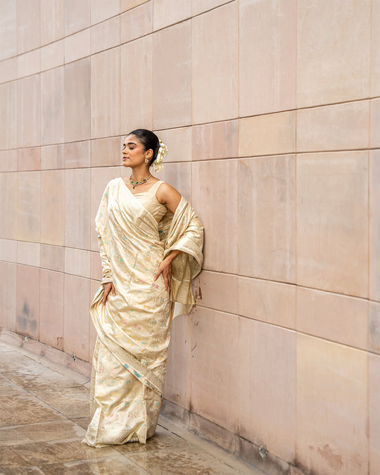 Ethereal Cream Pure Banarasi Saree with Pastel Brocade Floral Weaves