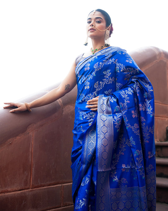 Royal Blue Pure Banarasi Saree with Ornate Lustrous Floral Blooming Motifs