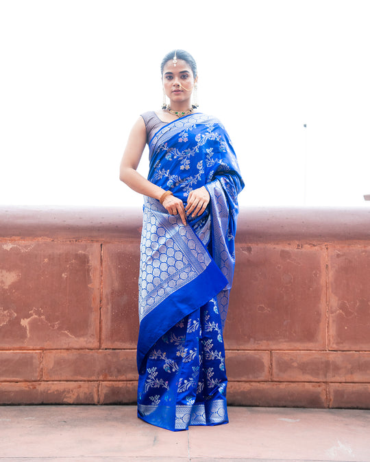 Royal Blue Pure Banarasi Saree with Ornate Lustrous Floral Blooming Motifs
