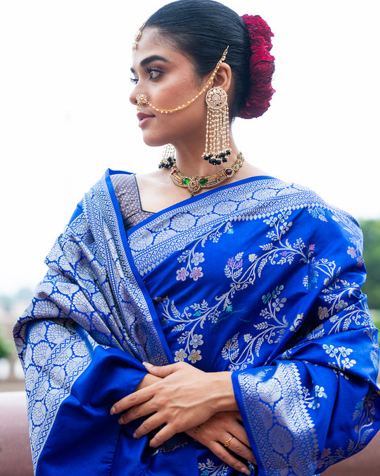Royal Blue Pure Banarasi Saree with Ornate Lustrous Floral Blooming Motifs
