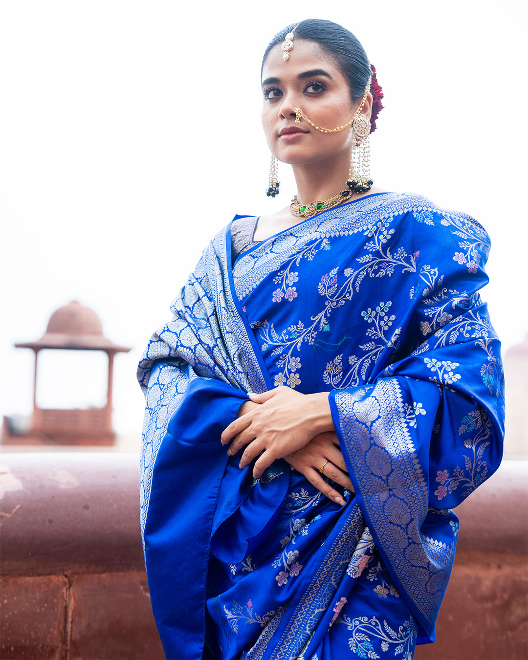 Royal Blue Pure Banarasi Saree with Ornate Lustrous Floral Blooming Motifs