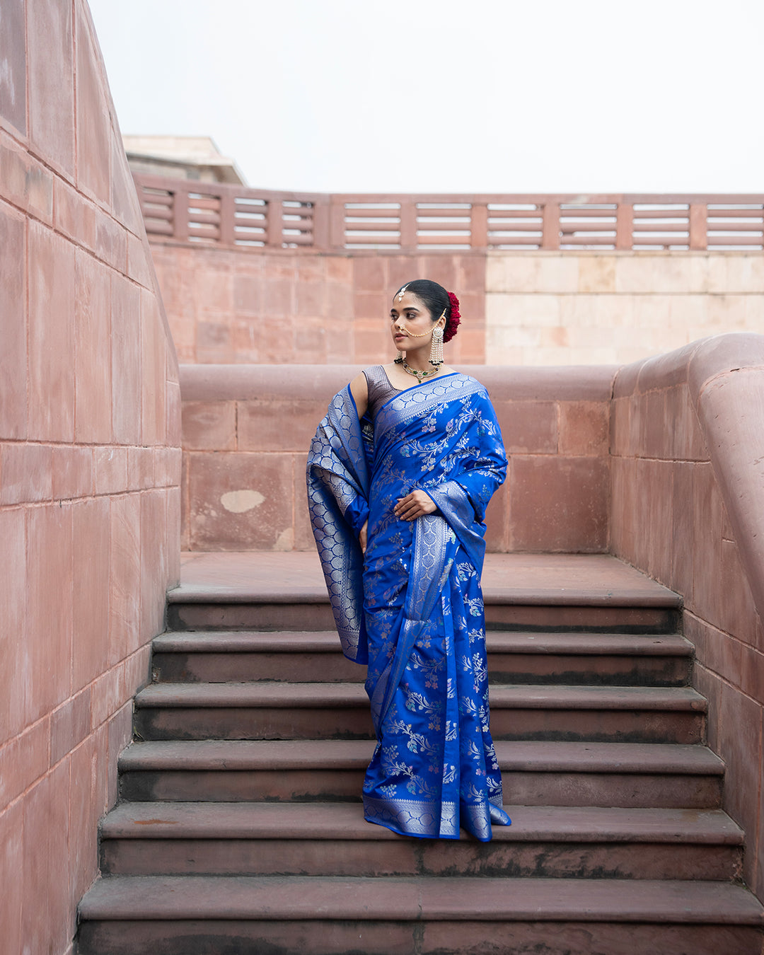Royal Blue Pure Banarasi Saree with Ornate Lustrous Floral Blooming Motifs