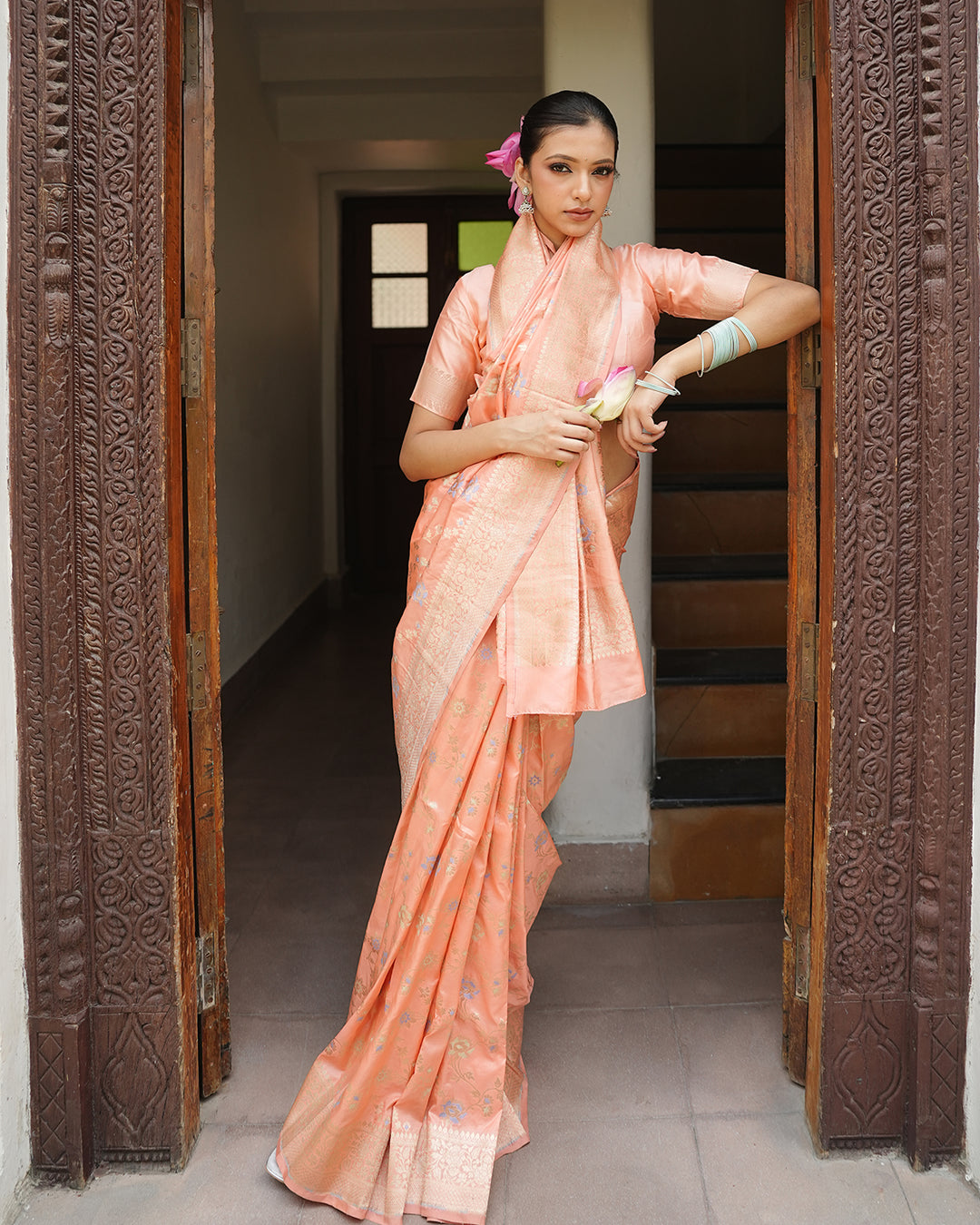 Peach Pure Katan Saree with Handwoven Meenakari Detail