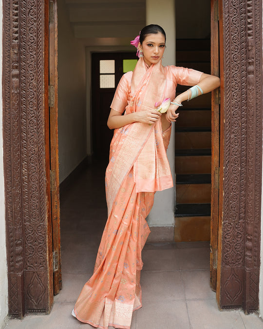 Peach Pure Katan Saree with Handwoven Meenakari Detail